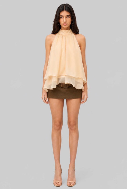 Virtual Model wearing The Lyra Chiffon Bow Blouse Cascading Halter-Neck Chiffon Yellow Tie Blouse