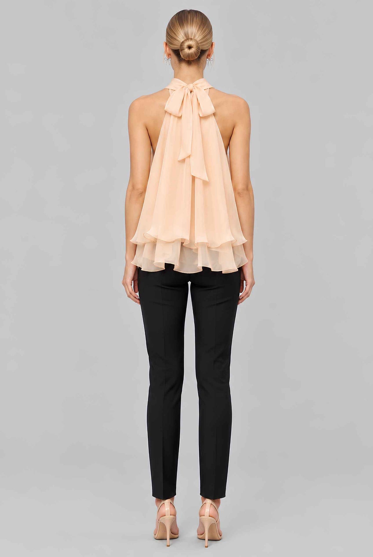Virtual model wearing The Lyra Chiffon Bow Blouse Cascading Halter-Neck Chiffon Tie Blouse in Yellow