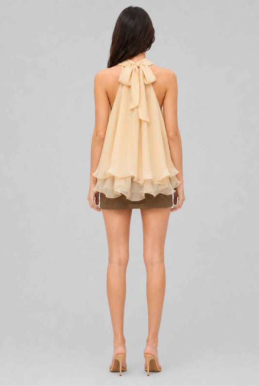 Virtual Model wearing The Lyra Chiffon Bow Blouse Cascading Halter-Neck Chiffon Yellow Tie Blouse