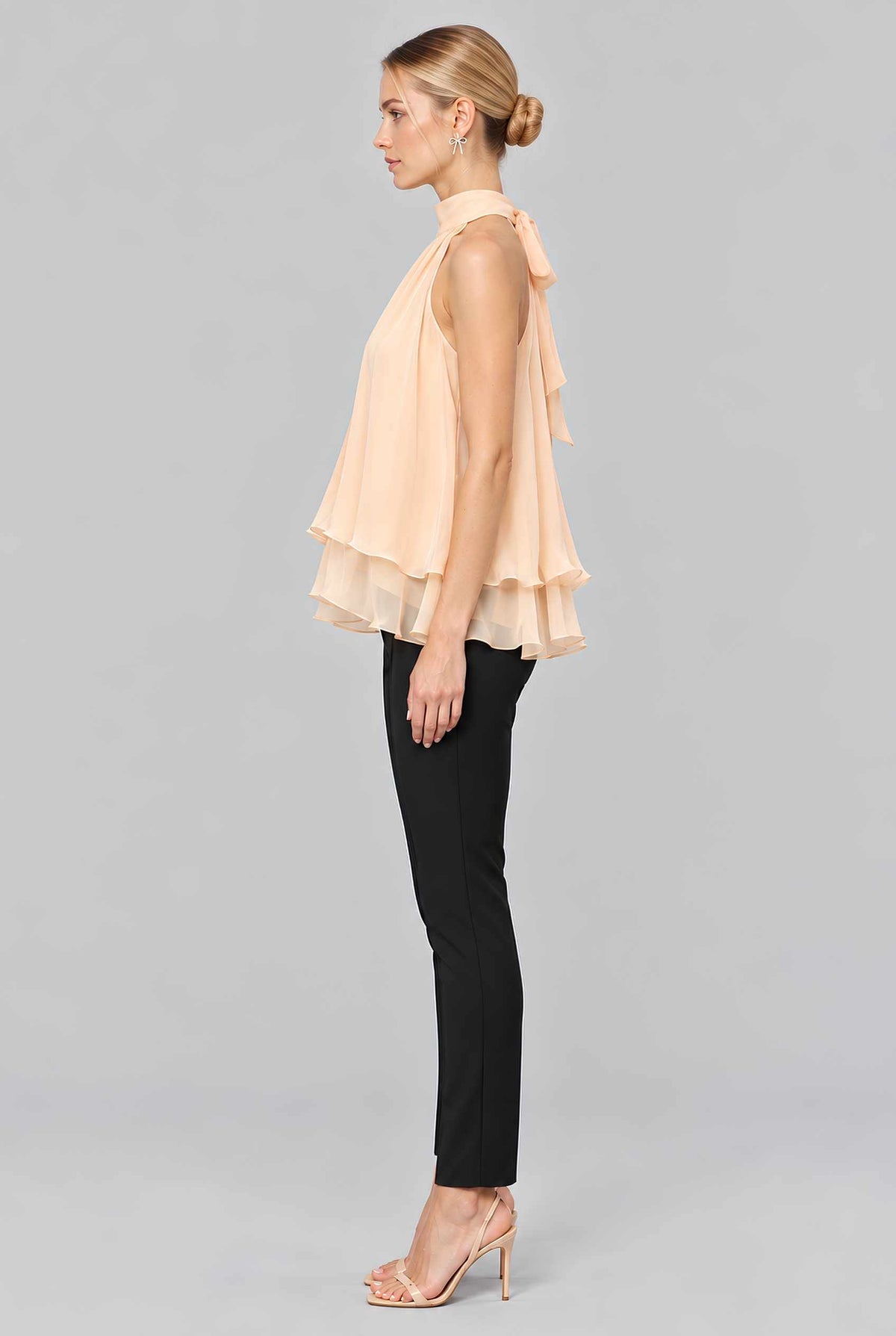Virtual model wearing The Lyra Chiffon Bow Blouse Cascading Halter-Neck Chiffon Tie Blouse in Yellow