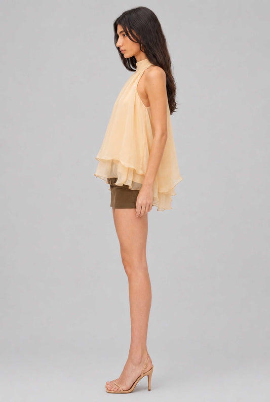 Virtual Model wearing The Lyra Chiffon Bow Blouse Cascading Halter-Neck Chiffon Yellow Tie Blouse