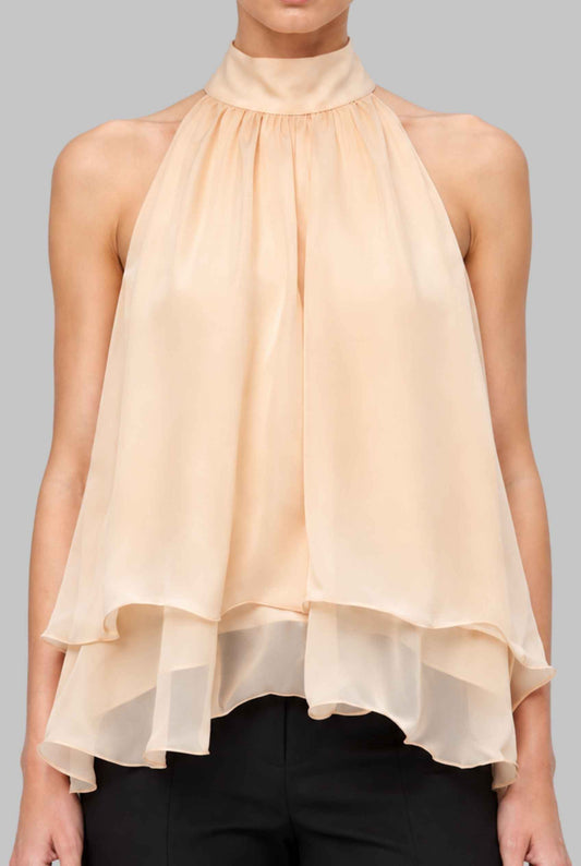 Virtual model wearing The Lyra Chiffon Bow Blouse Cascading Halter-Neck Chiffon Tie Blouse in Yellow