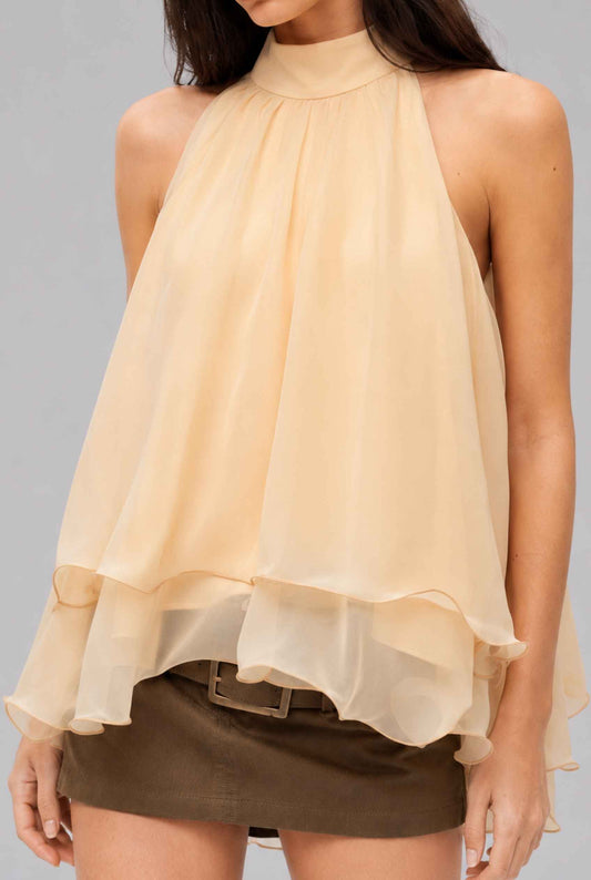 Virtual Model wearing The Lyra Chiffon Bow Blouse Cascading Halter-Neck Chiffon Yellow Tie Blouse
