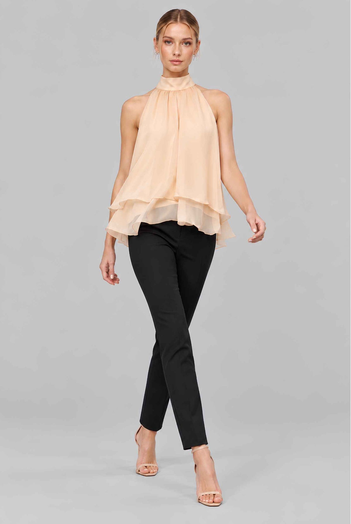 Virtual model wearing The Lyra Chiffon Bow Blouse Cascading Halter-Neck Chiffon Tie Blouse in Yellow