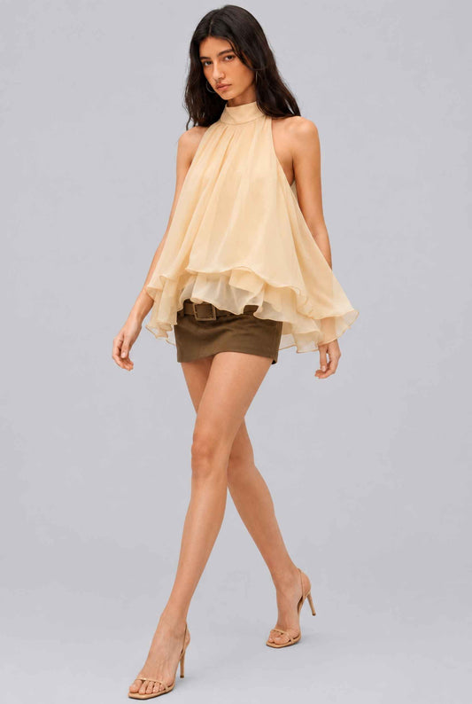 Virtual Model wearing The Lyra Chiffon Bow Blouse Cascading Halter-Neck Chiffon Yellow Tie Blouse