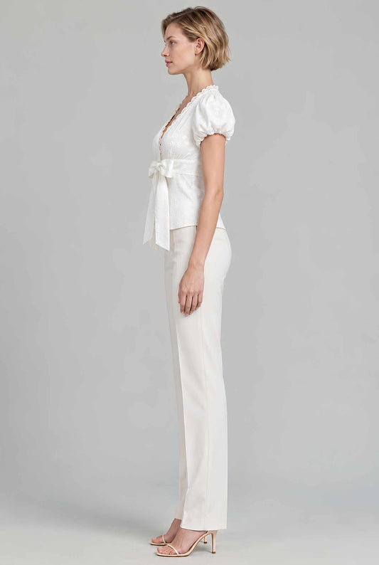 Virtual model wearing The Mabel Tie-Front Blouse White  V-Neck Embroidered Puff Sleeve Blouse