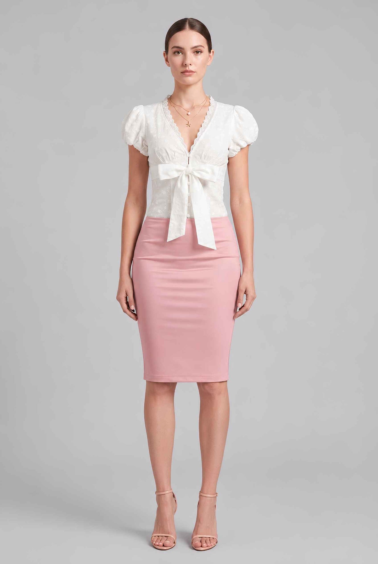 Virtual model wearing The Mabel Tie-Front Blouse V-Neck Embroidered Puff Sleeve Blouse in White