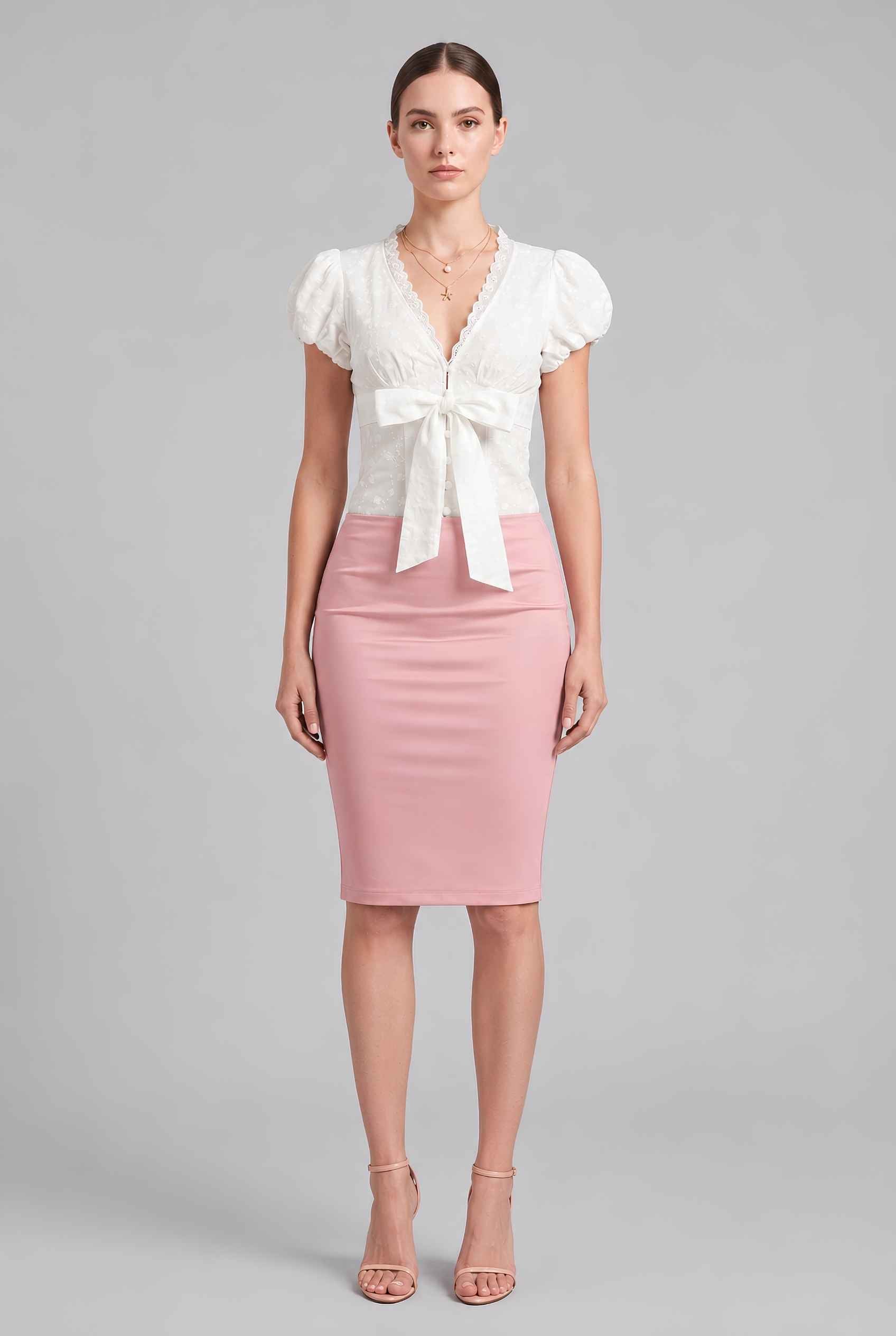 Virtual model wearing The Mabel Tie-Front Blouse V-Neck Embroidered Puff Sleeve Blouse in White
