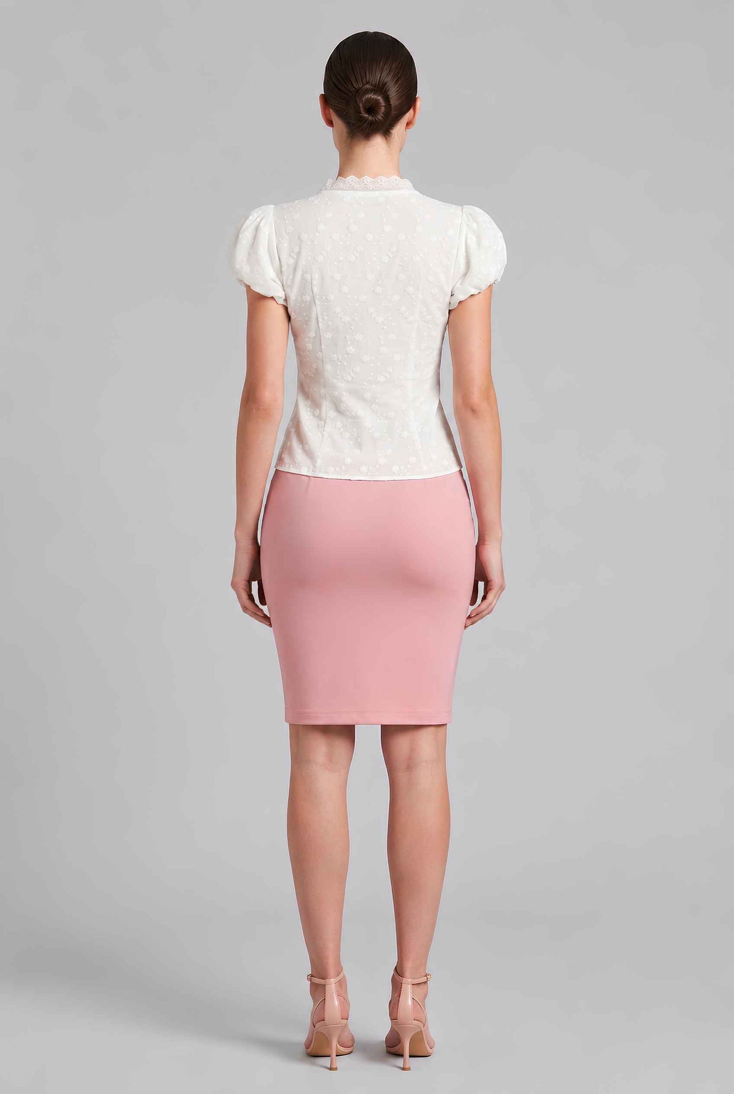 Virtual model wearing The Mabel Tie-Front Blouse V-Neck Embroidered Puff Sleeve Blouse in White