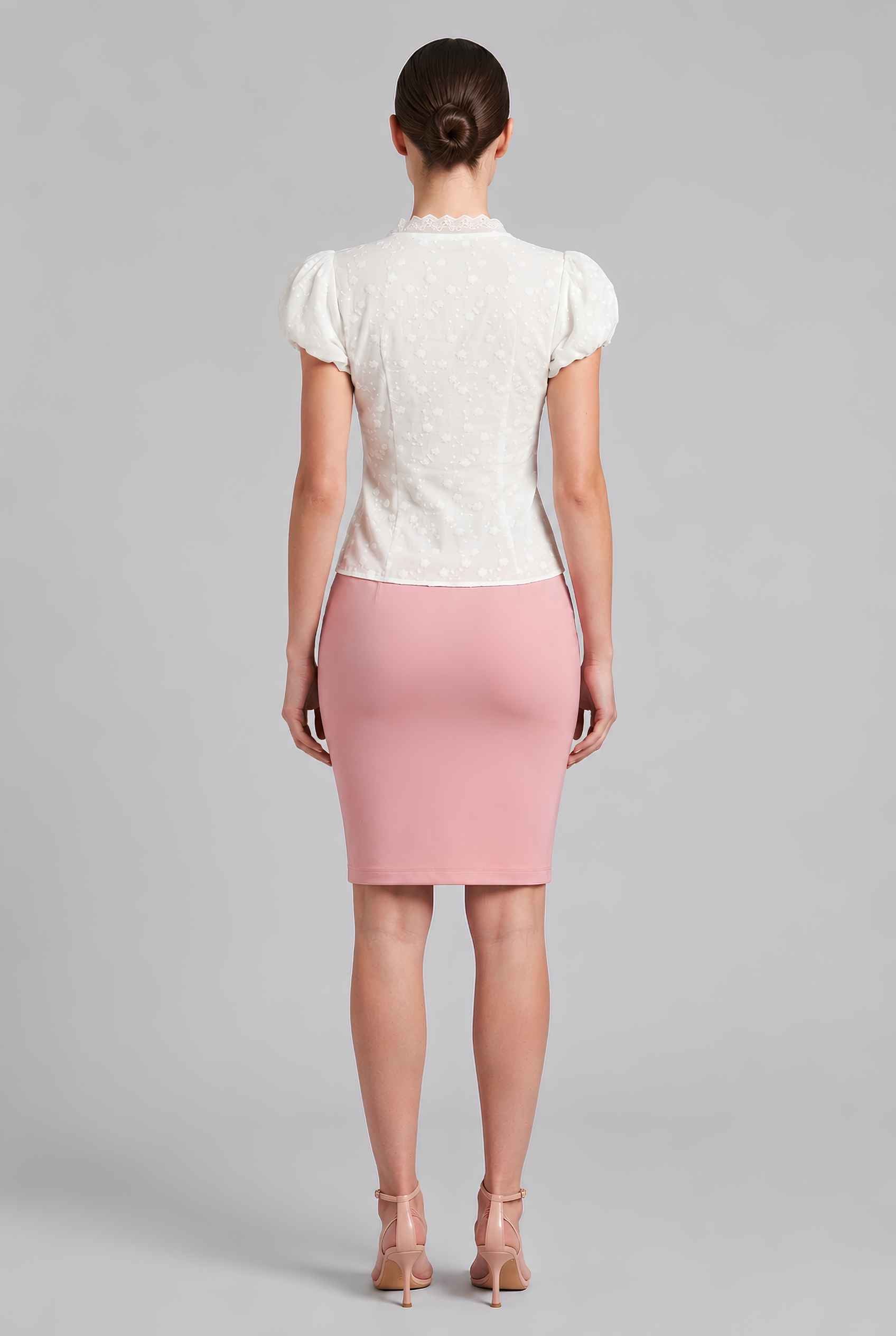 Virtual model wearing The Mabel Tie-Front Blouse V-Neck Embroidered Puff Sleeve Blouse in White