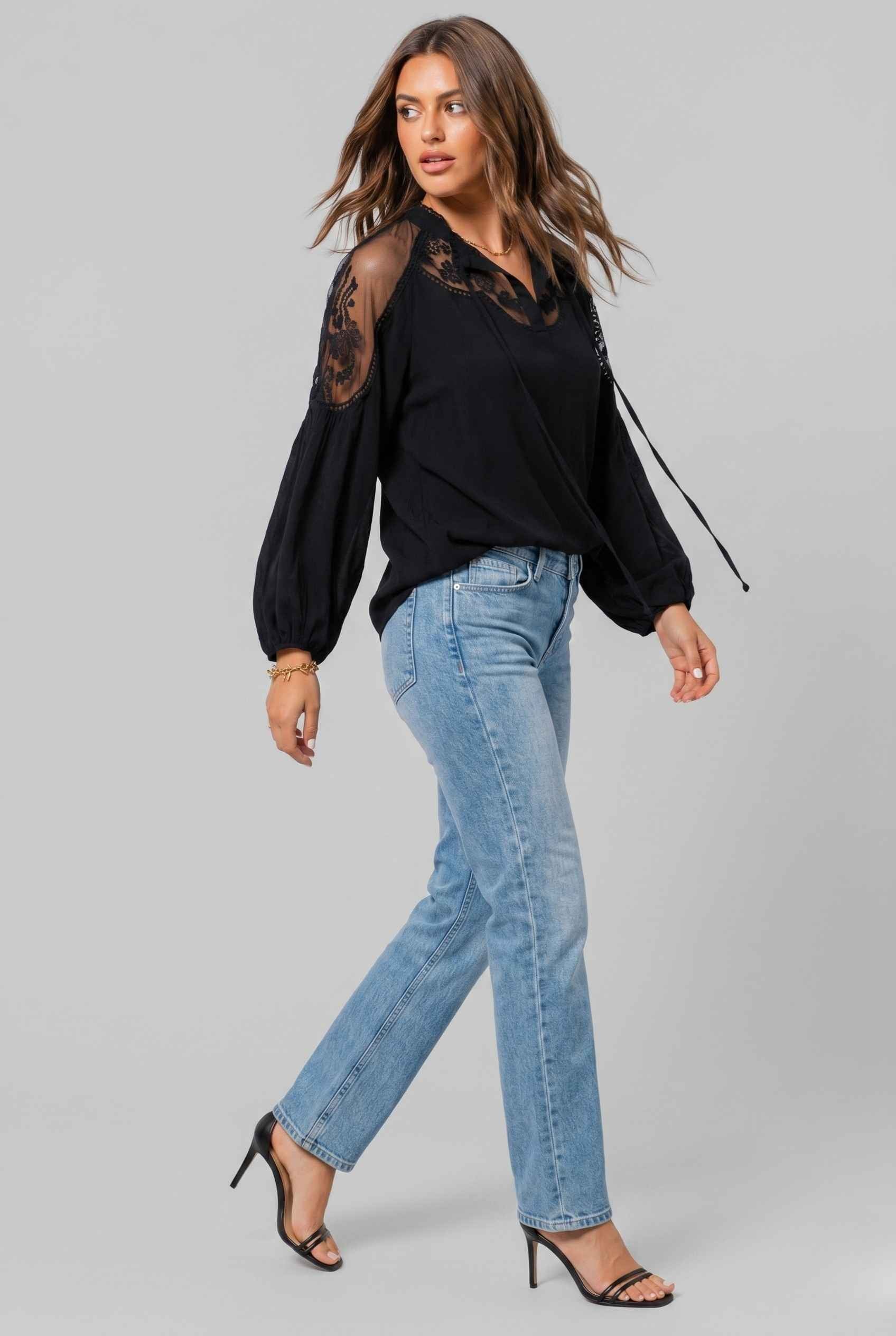 Virtual Model wearing The Madeleine Lace Blouse Embroidered Black Chiffon Top