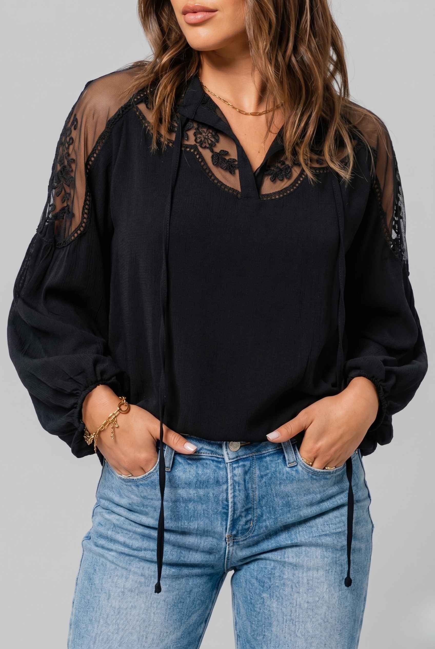 Virtual Model wearing The Madeleine Lace Blouse Embroidered Black Chiffon Top