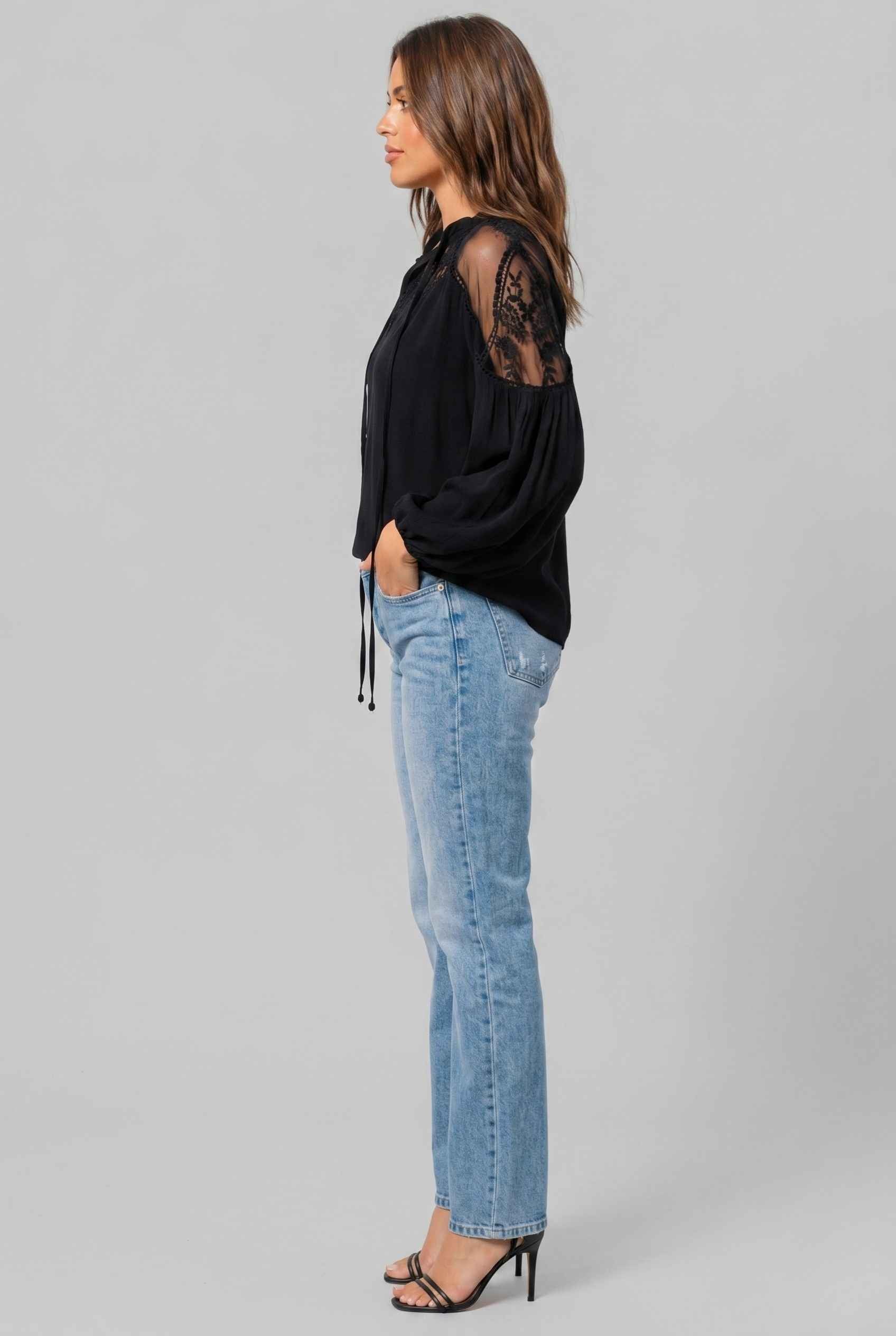 Virtual Model wearing The Madeleine Lace Blouse Embroidered Black Chiffon Top
