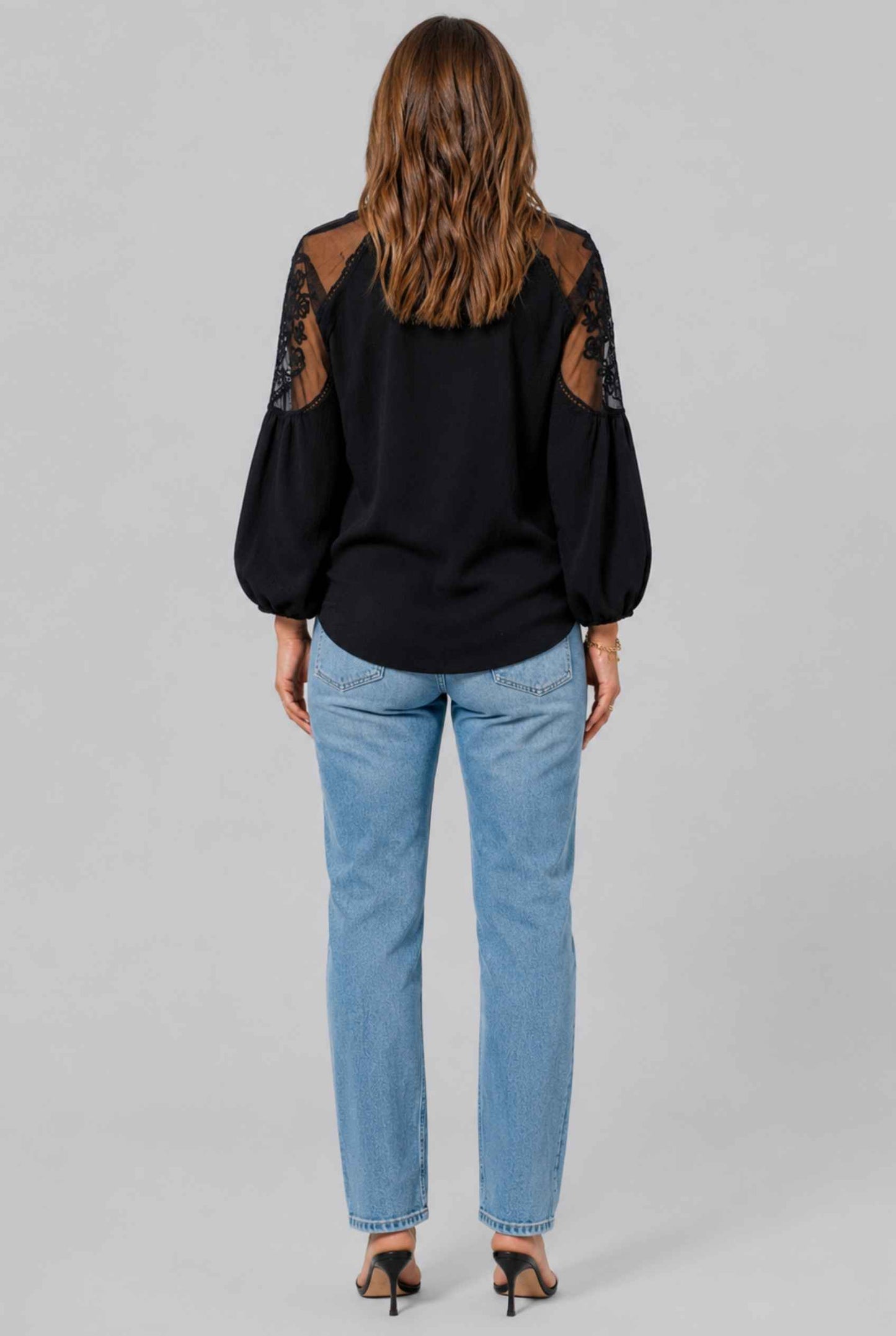 Virtual Model wearing The Madeleine Lace Blouse Embroidered Black Chiffon Top