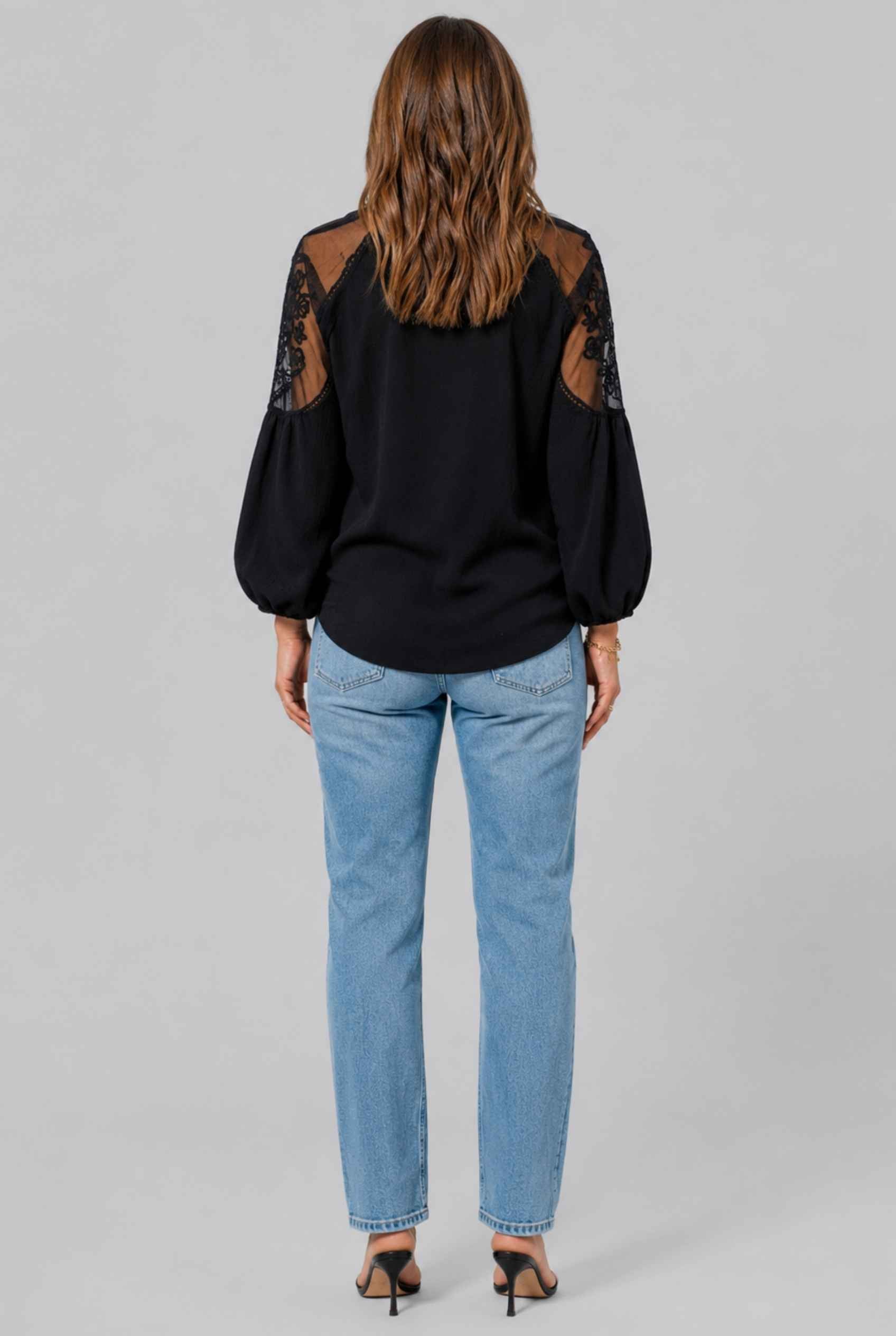 Virtual Model wearing The Madeleine Lace Blouse Embroidered Black Chiffon Top