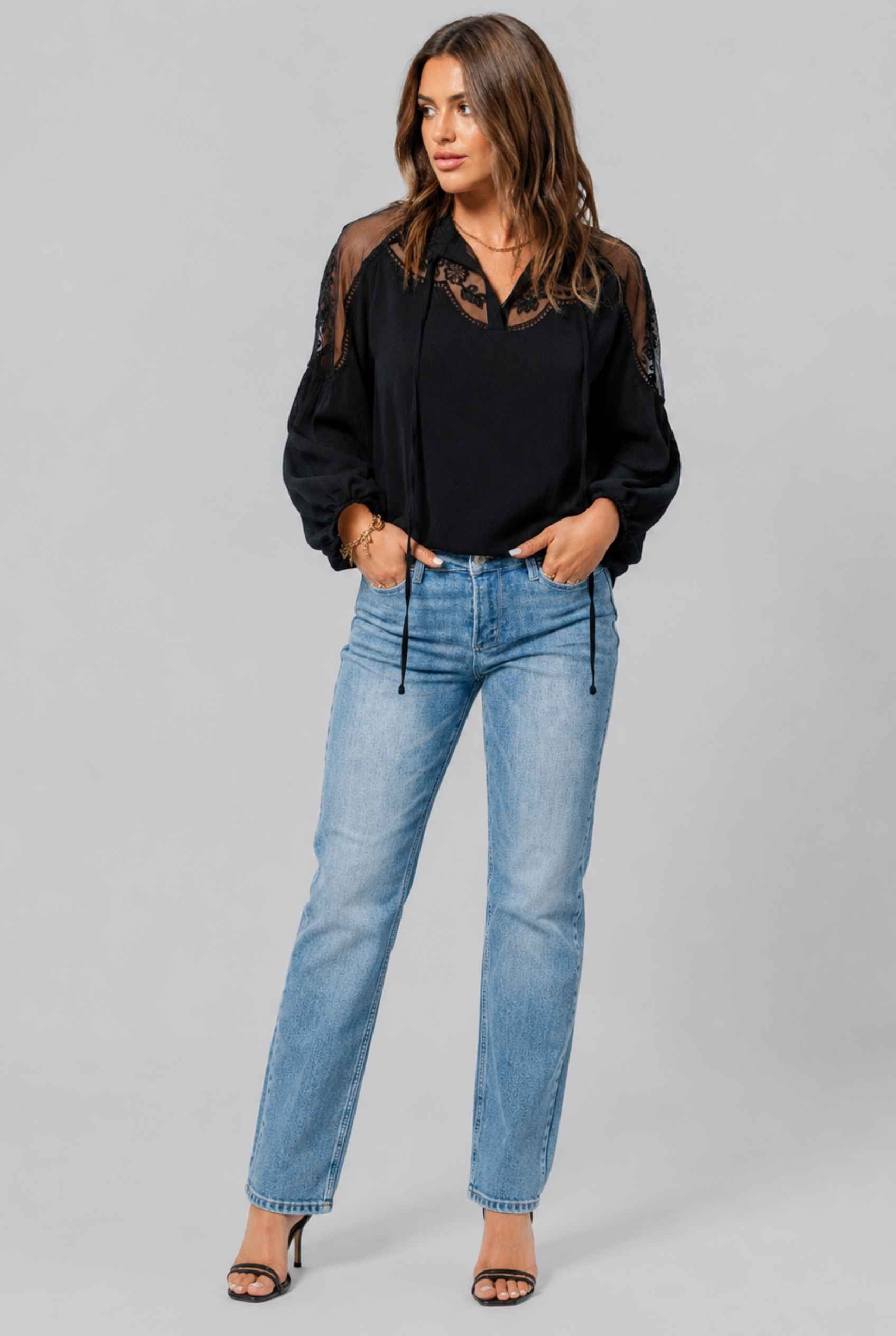 Virtual Model wearing The Madeleine Lace Blouse Embroidered Black Chiffon Top