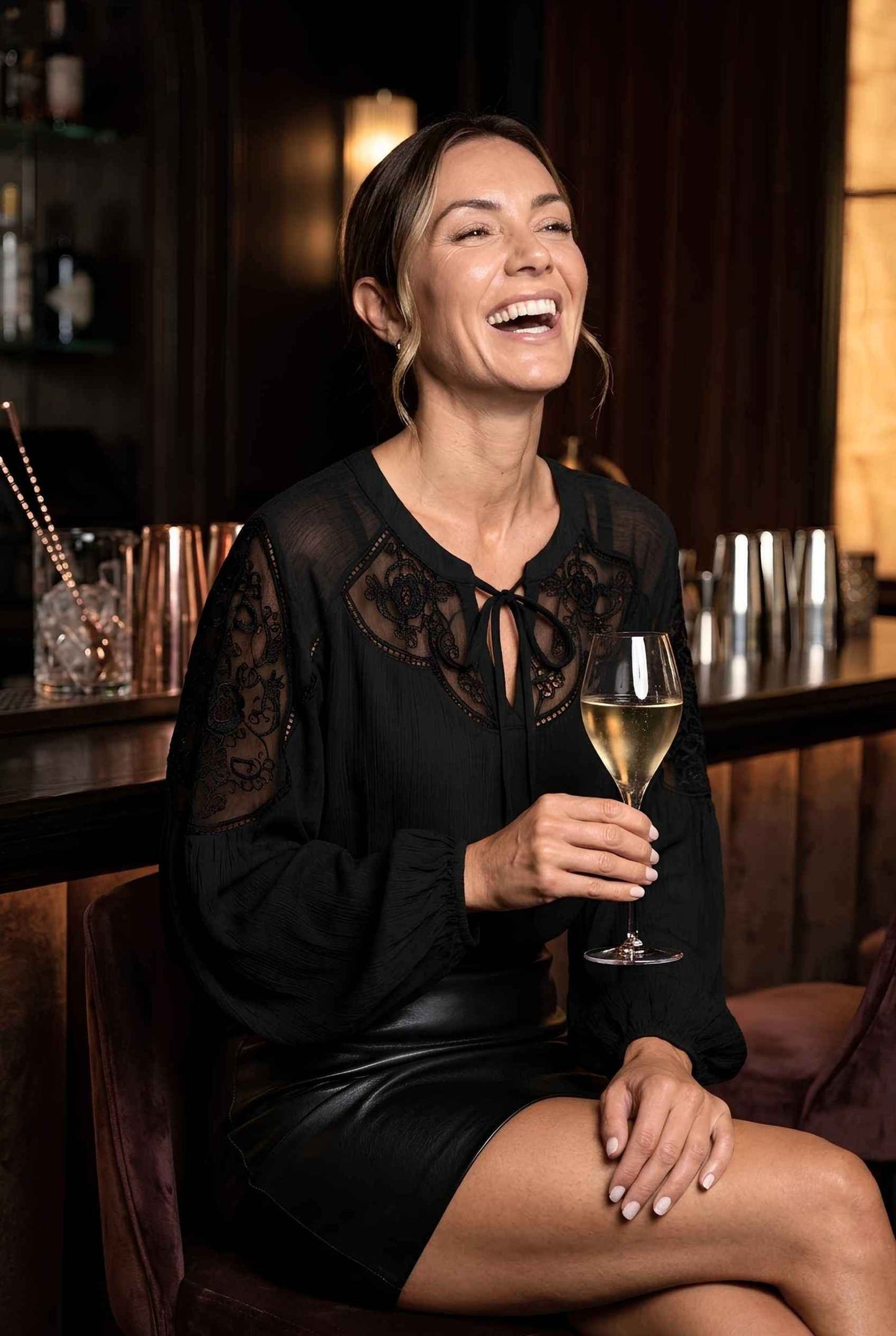 Virtual Model wearing The Madeleine Lace Blouse Embroidered Puff Sleeve Chiffon Tied Blouse in Black