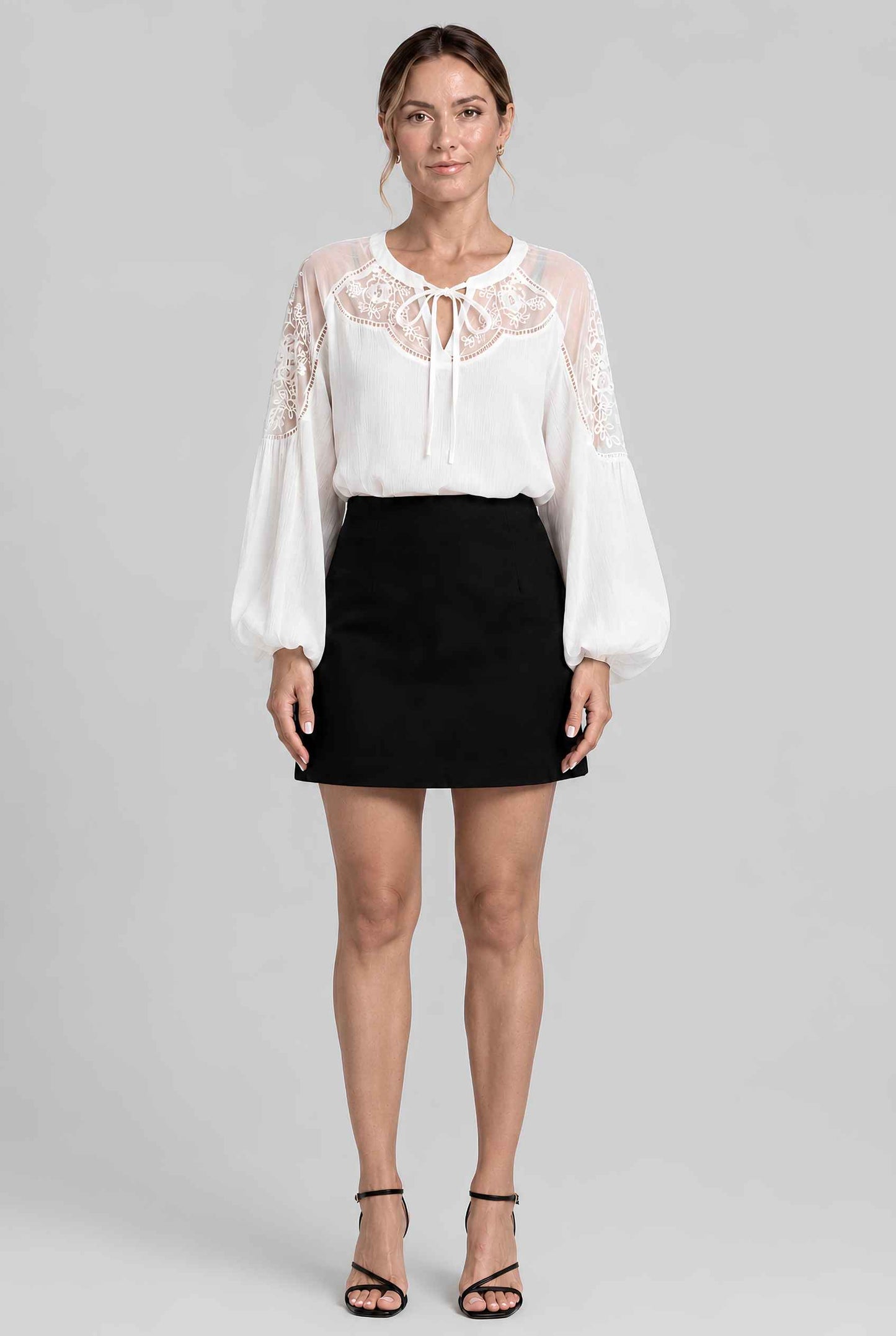 Virtual Model wearing The Madeleine Lace Blouse Embroidered Puff Sleeve Chiffon Tied Blouse in White