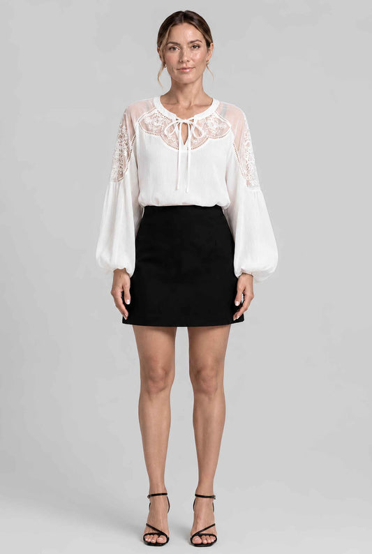 Virtual Model wearing The Madeleine Lace Blouse Embroidered Puff Sleeve Chiffon Tied Blouse in White