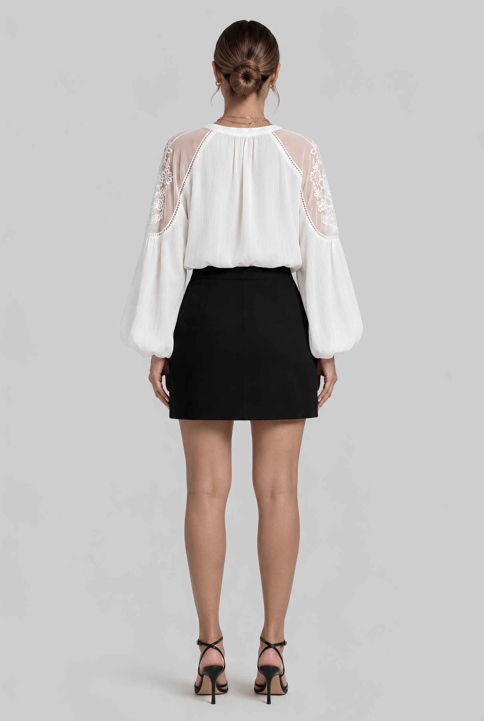 Virtual Model wearing The Madeleine Lace Blouse Embroidered Puff Sleeve Chiffon Tied Blouse in White