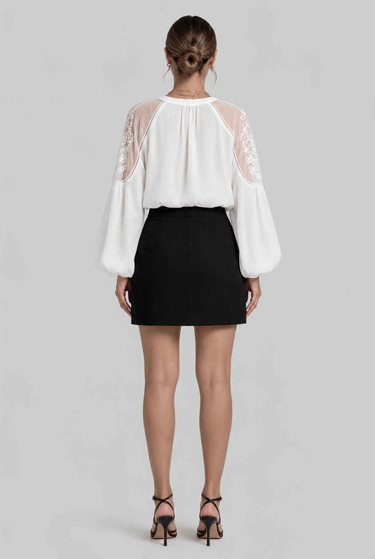 Virtual Model wearing The Madeleine Lace Blouse Embroidered Puff Sleeve Chiffon Tied Blouse in White