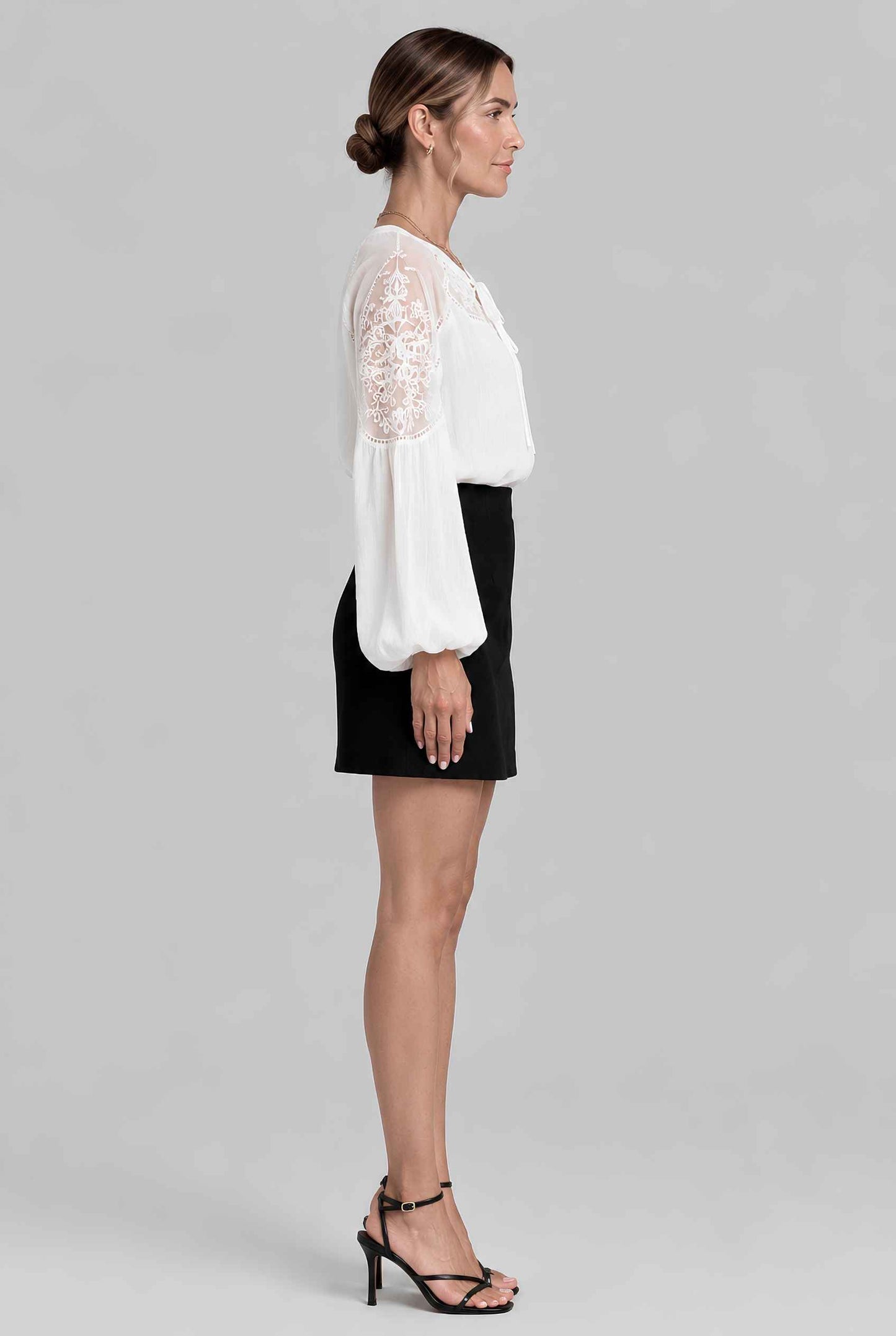 Virtual Model wearing The Madeleine Lace Blouse Embroidered Puff Sleeve Chiffon Tied Blouse in White