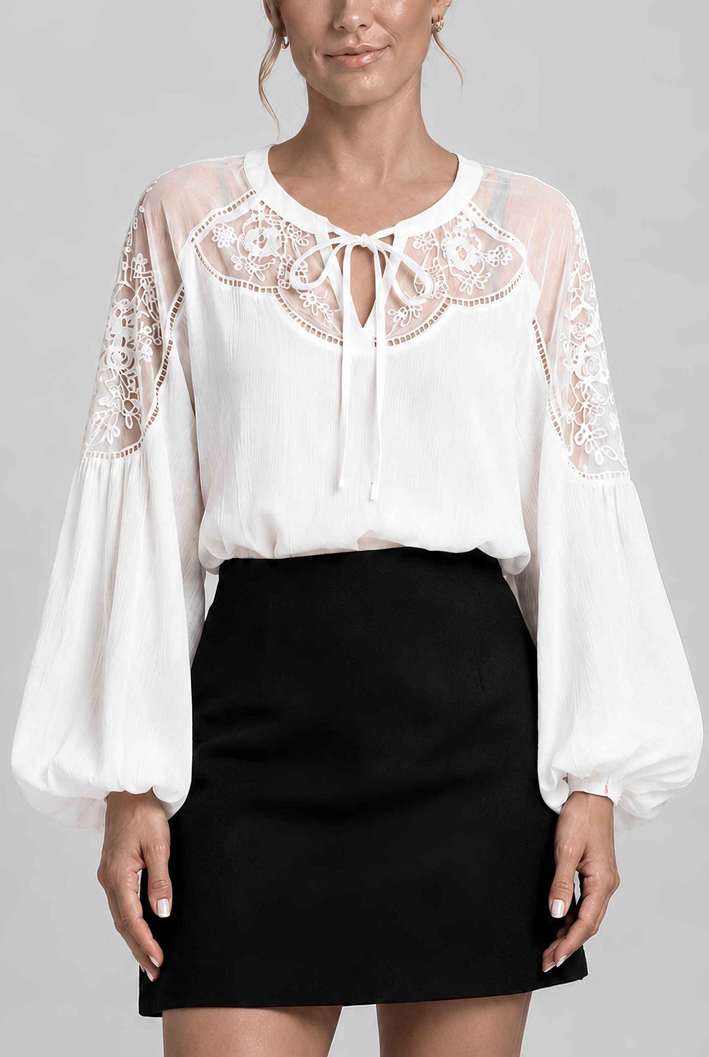 Virtual Model wearing The Madeleine Lace Blouse Embroidered Puff Sleeve Chiffon Tied Blouse in White