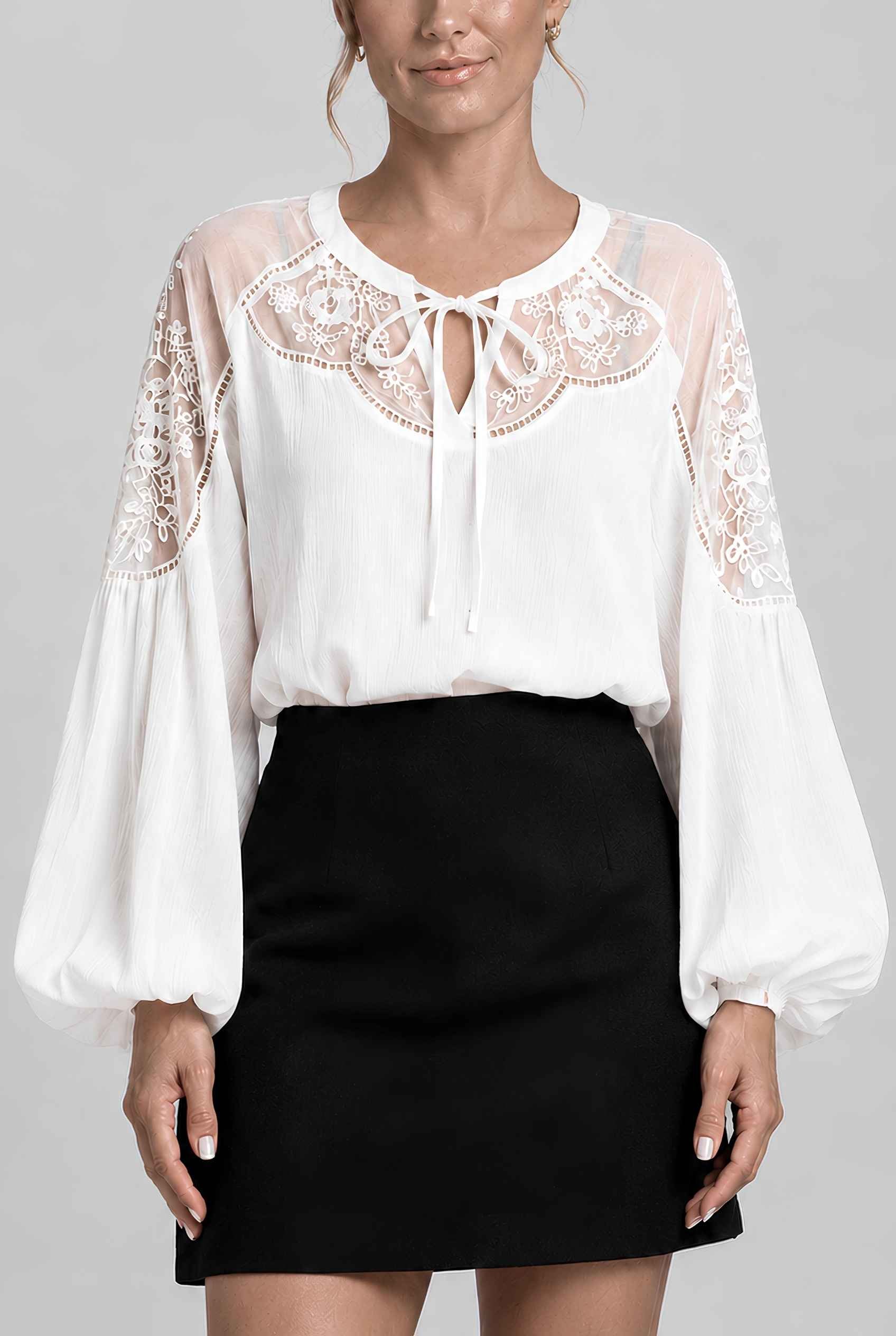 Virtual Model wearing The Madeleine Lace Blouse Embroidered Puff Sleeve Chiffon Tied Blouse in White