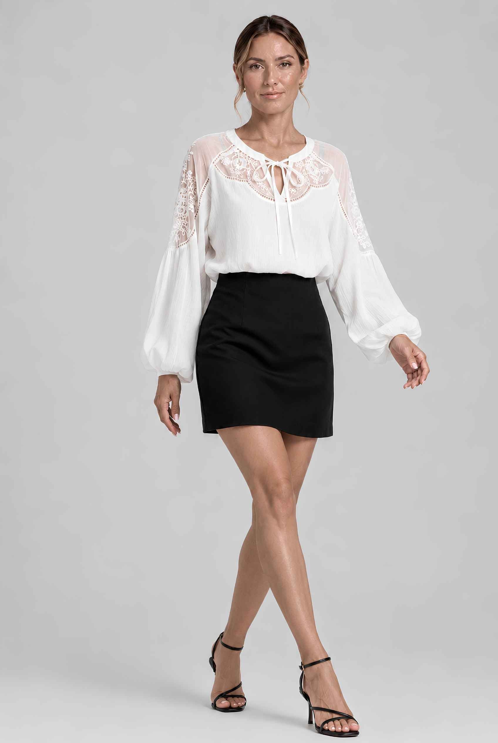 Virtual Model wearing The Madeleine Lace Blouse Embroidered Puff Sleeve Chiffon Tied Blouse in White