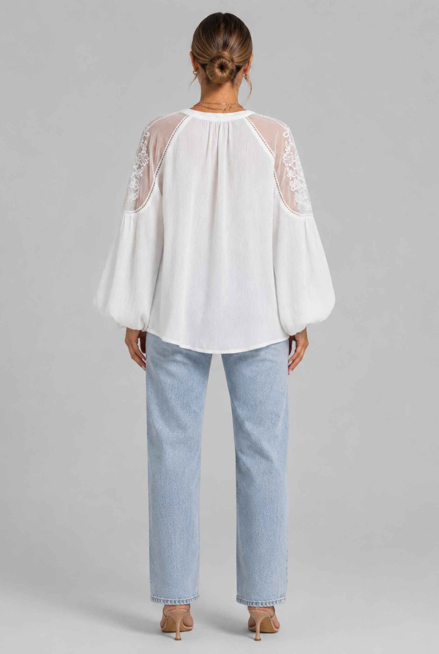 Virtual Model wearing The Madeleine Lace Blouse Embroidered White Chiffon Top