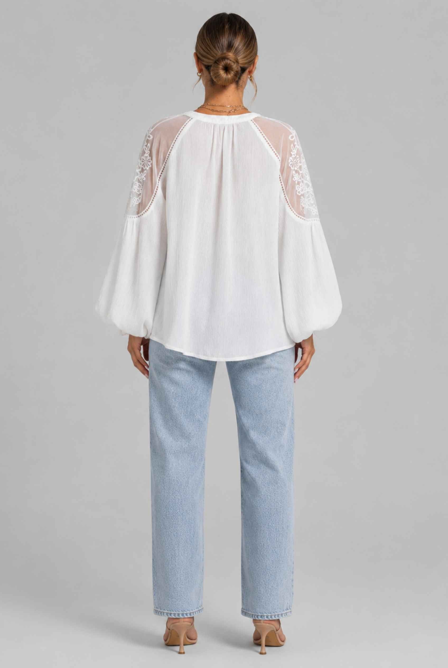Virtual Model wearing The Madeleine Lace Blouse Embroidered White Chiffon Top