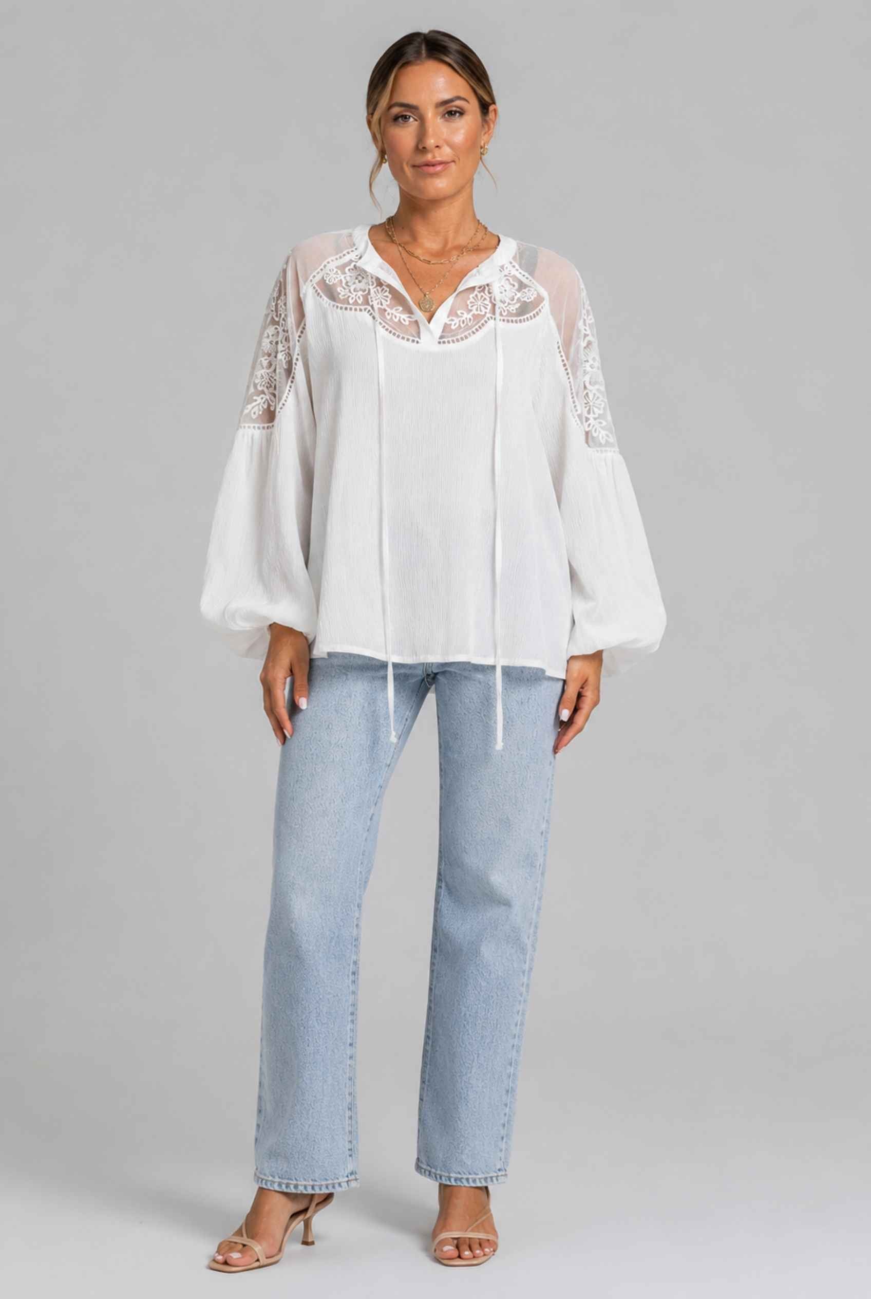 Virtual Model wearing The Madeleine Lace Blouse Embroidered White Chiffon Top