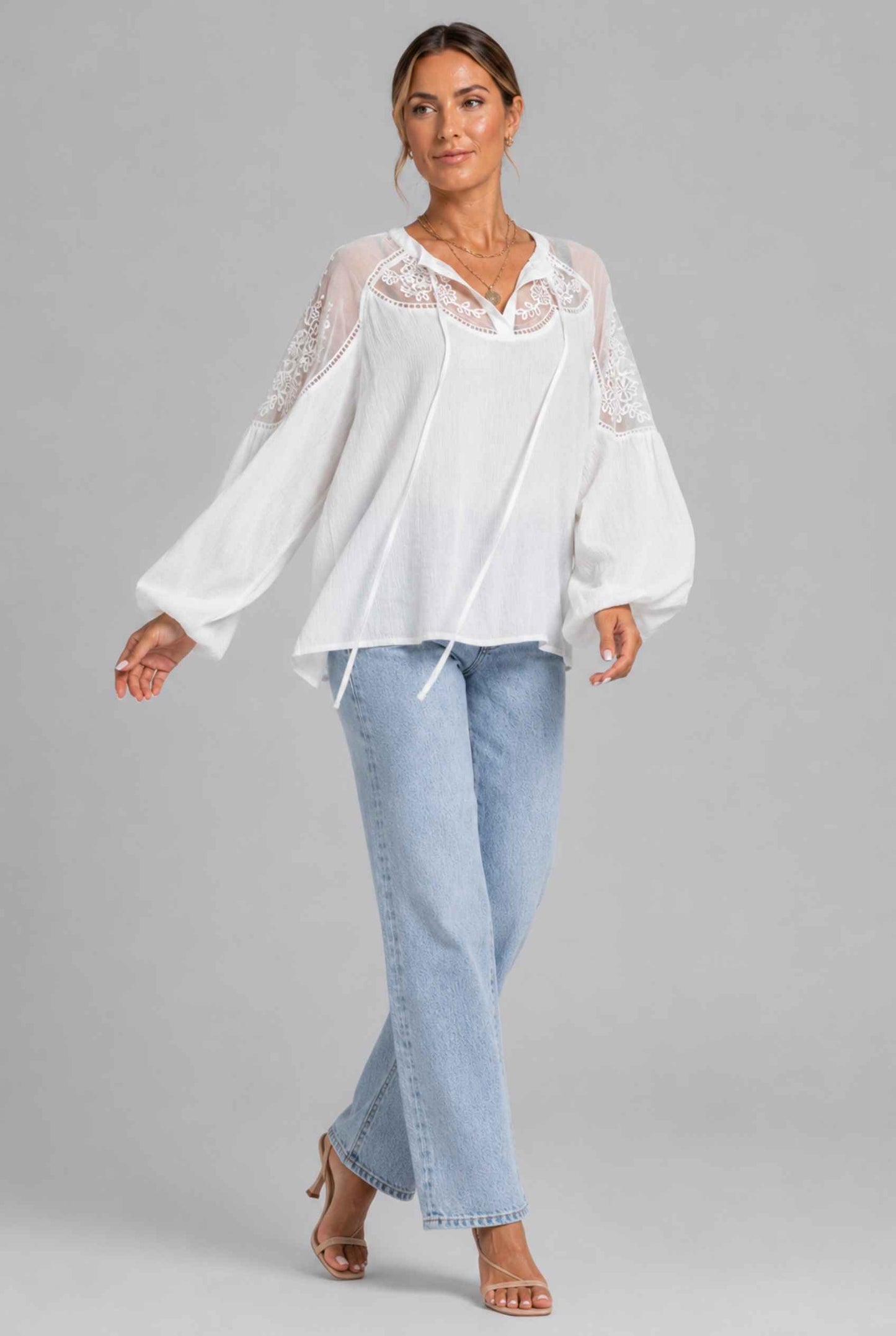 Virtual Model wearing The Madeleine Lace Blouse Embroidered White Chiffon Top