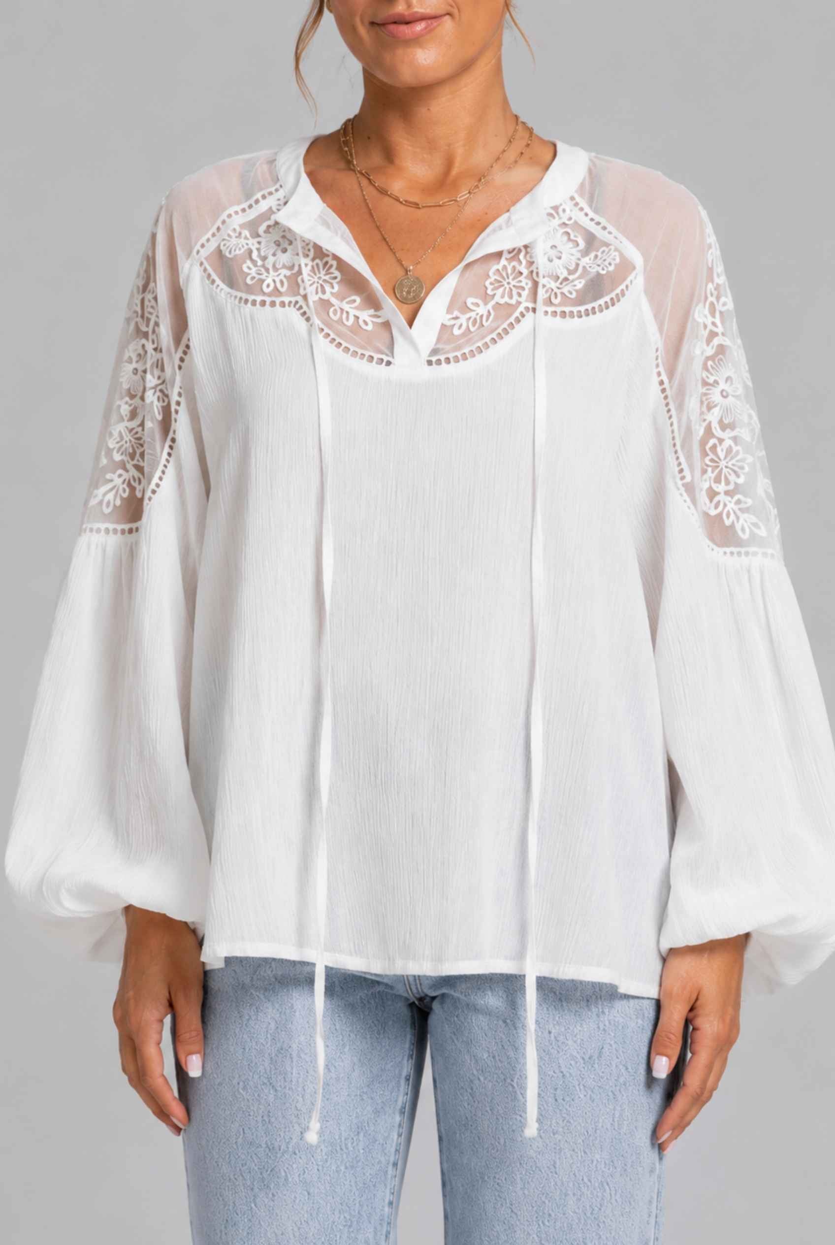 Virtual Model wearing The Madeleine Lace Blouse Embroidered White Chiffon Top