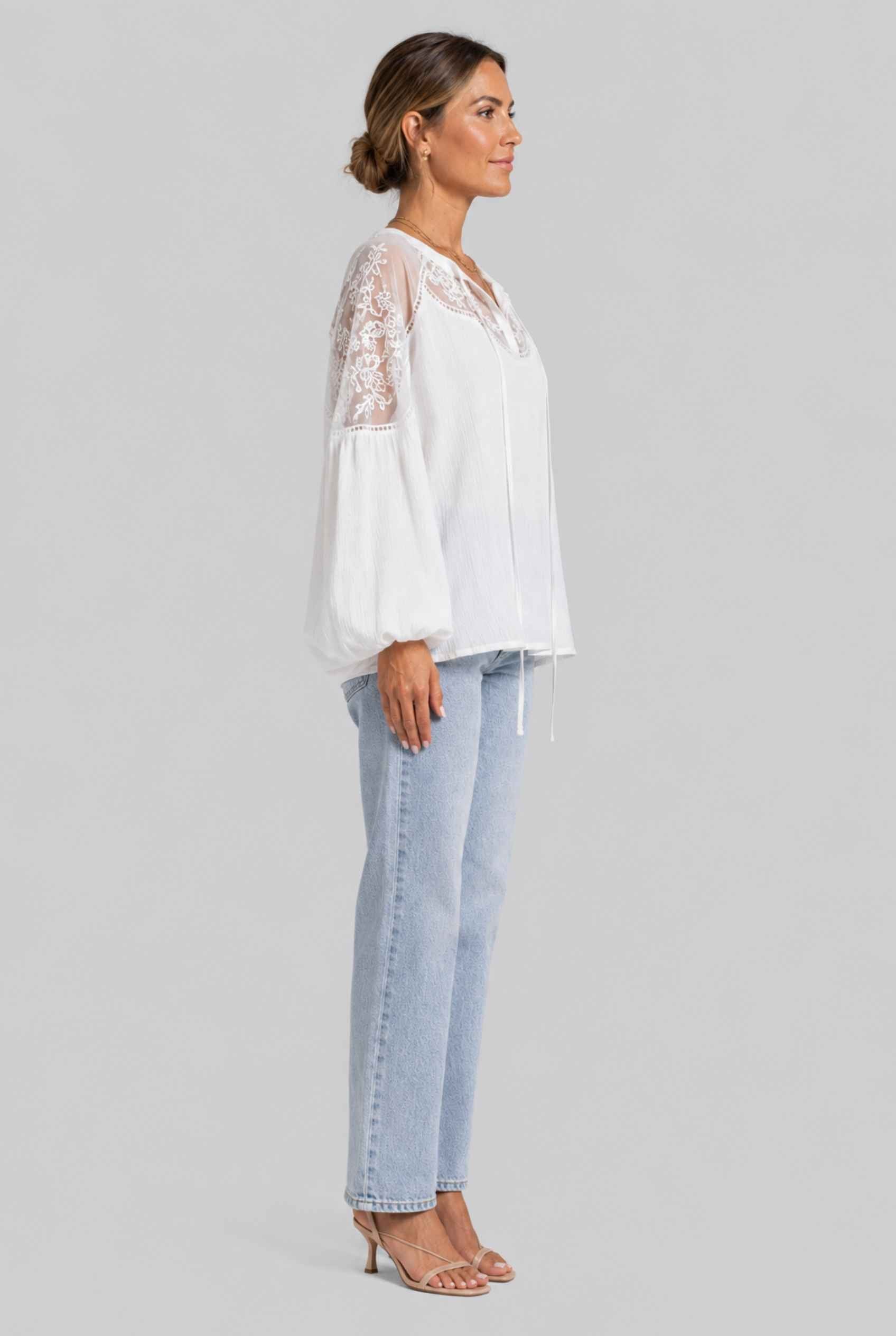 Virtual Model wearing The Madeleine Lace Blouse Embroidered White Chiffon Top