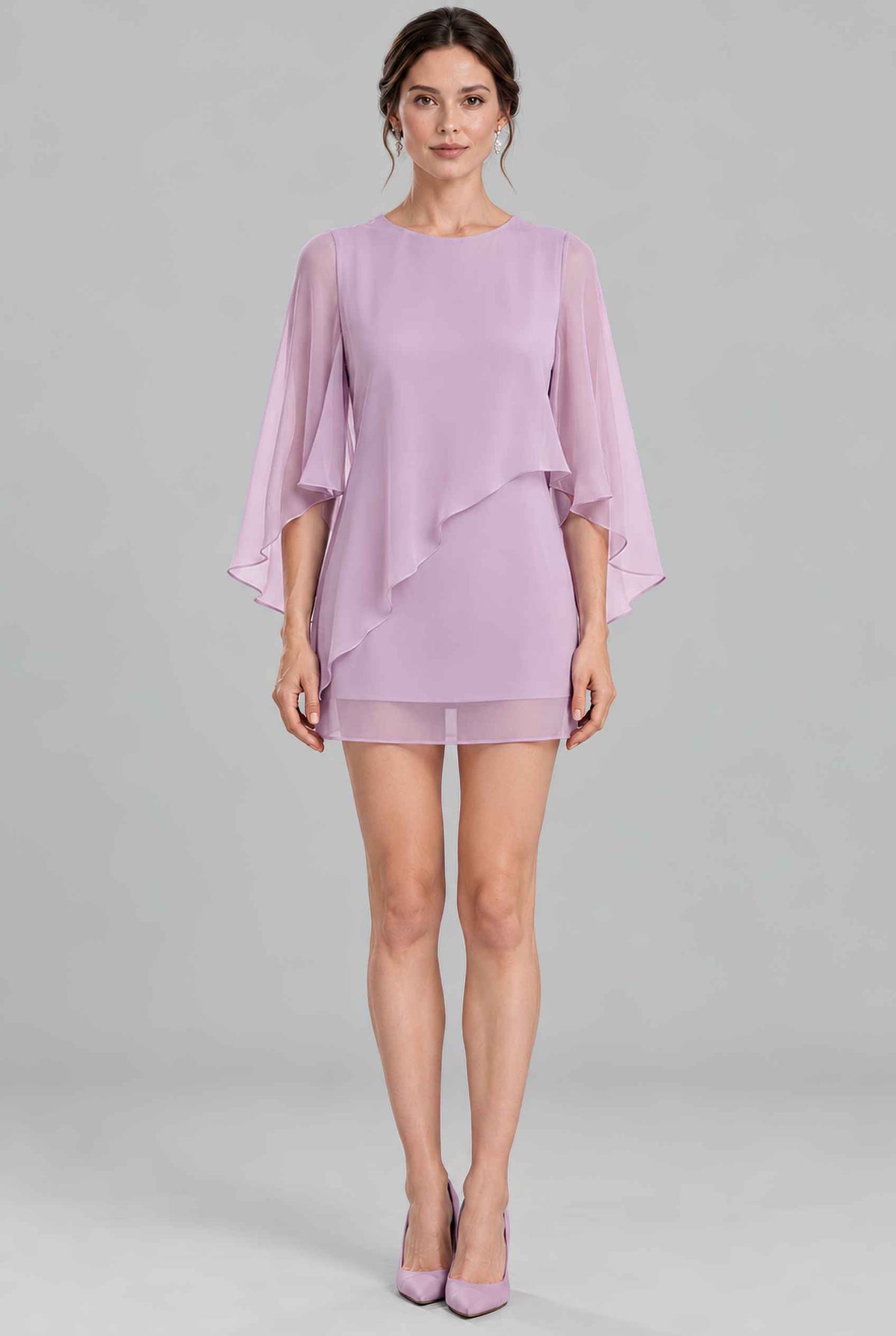 Virtual model wearing The Maeve Layered Chiffon Dress Layered Asymmetric Mini Shift Dress Lavender