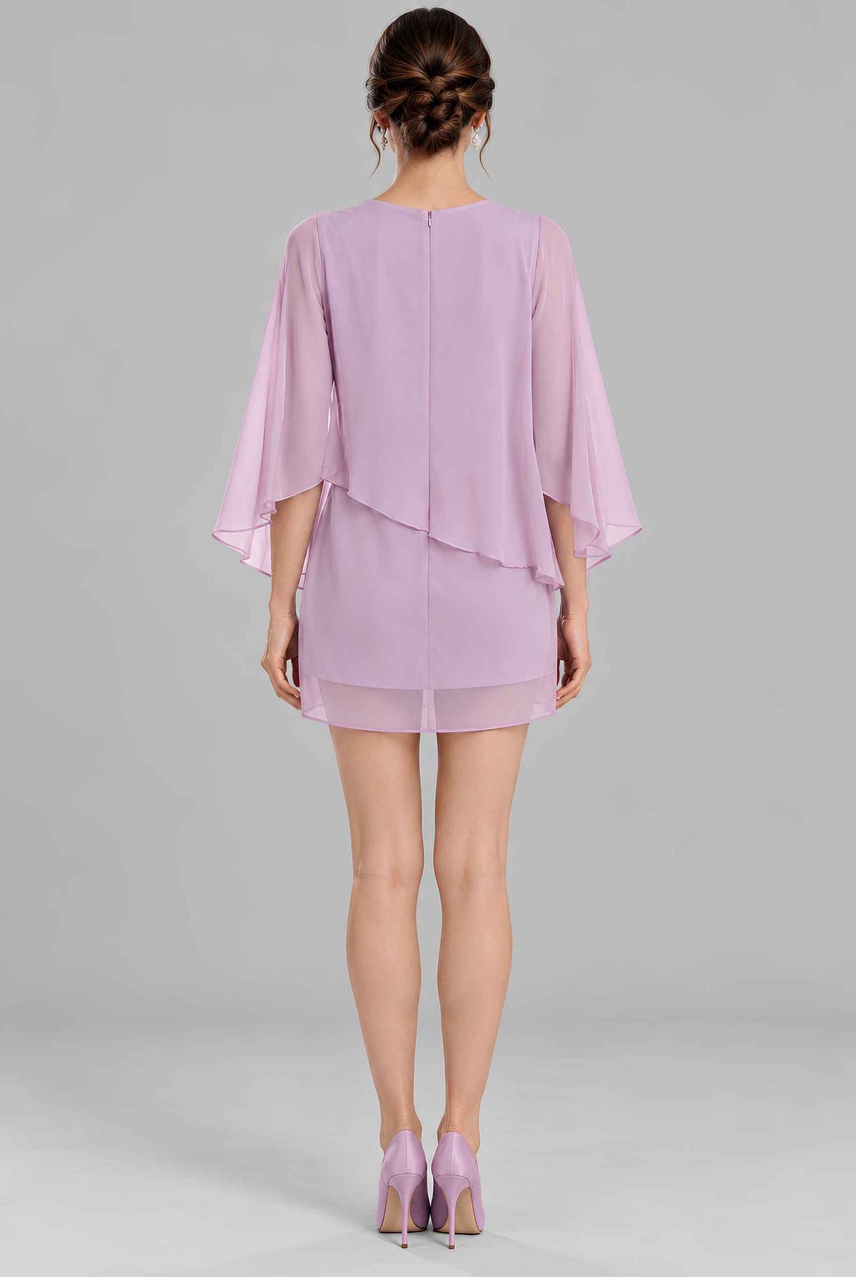 Virtual model wearing The Maeve Layered Chiffon Dress Layered Asymmetric Mini Shift Dress Lavender