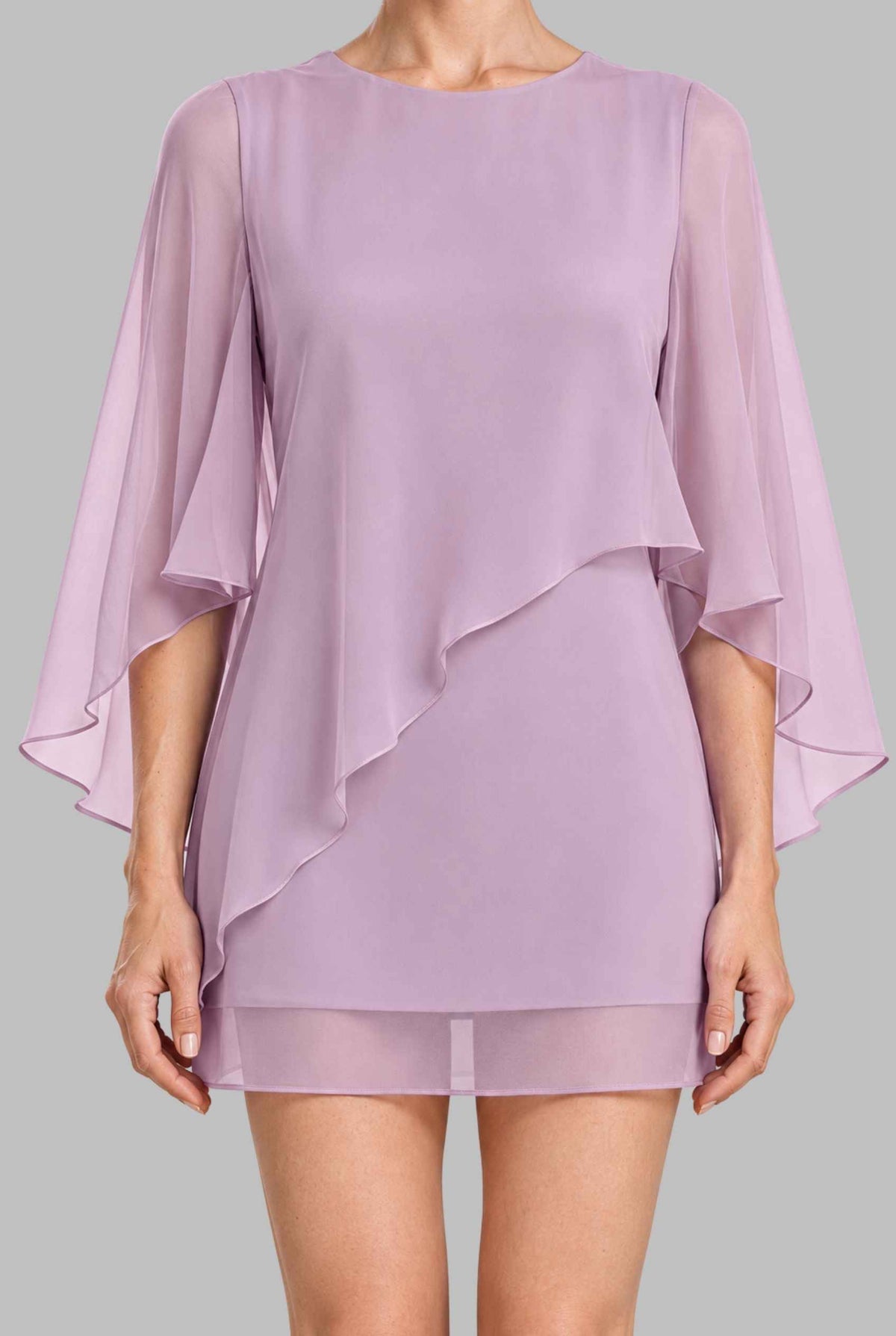 Virtual model wearing The Maeve Layered Chiffon Dress Layered Asymmetric Mini Shift Dress Lavender