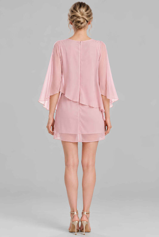 Virtual model wearing The Maeve Layered Chiffon Dress Layered Asymmetric Mini Shift Dress Pink