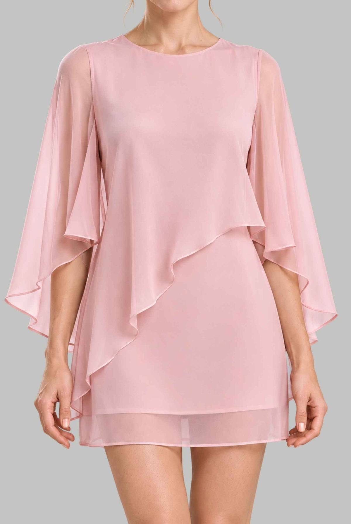 Virtual model wearing The Maeve Layered Chiffon Dress Layered Asymmetric Mini Shift Dress Pink