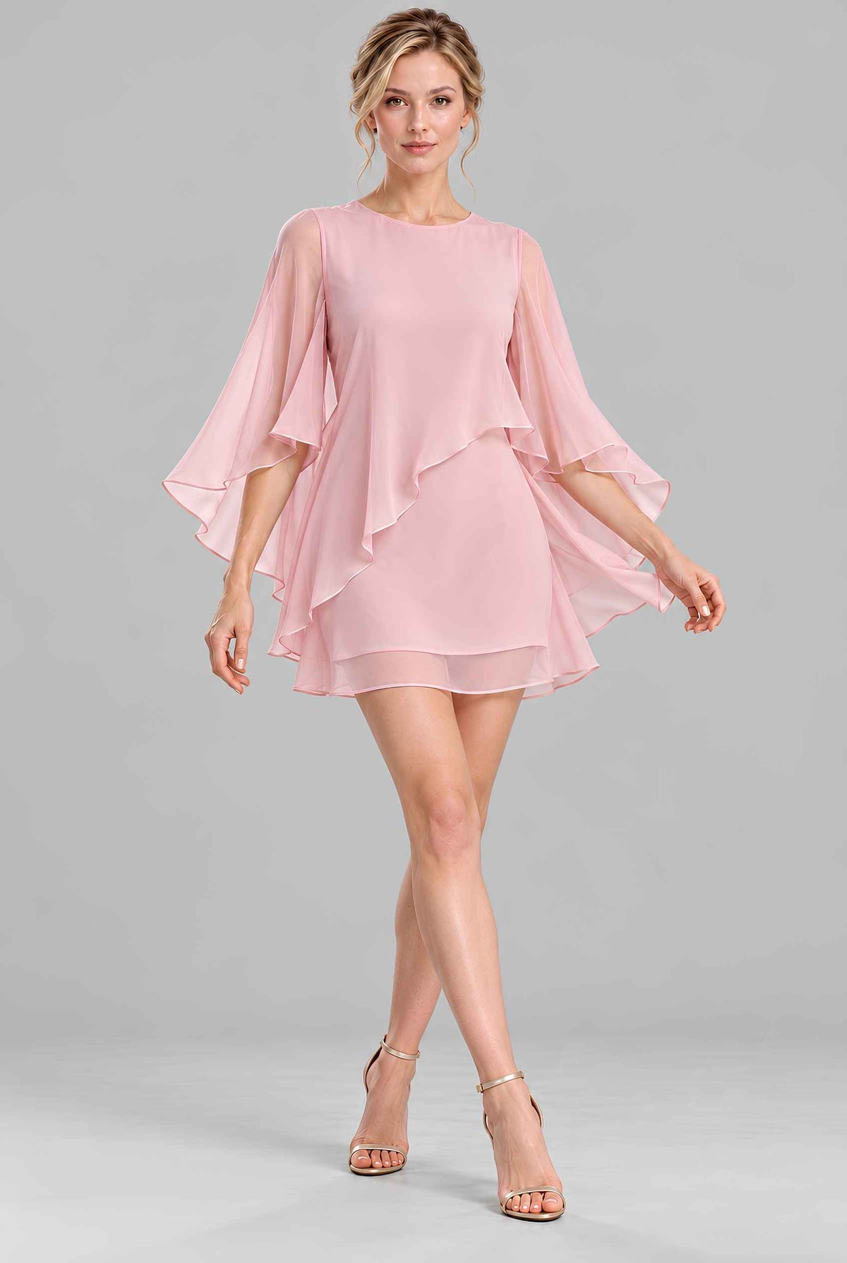 Virtual model wearing The Maeve Layered Chiffon Dress Layered Asymmetric Mini Shift Dress Pink