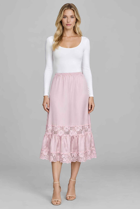 Virtual model wearing The Magnolia Lace Tiered Skirt Pink Lace-Trim Tiered Midi Skirt