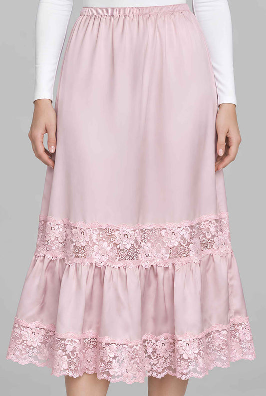 Virtual model wearing The Magnolia Lace Tiered Skirt Pink Lace-Trim Tiered Midi Skirt