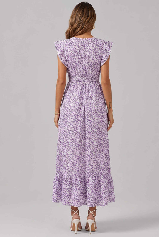 Virtual Model wearing The Maia Flutter Sleeve Maxi Floral Smocked Waist Lavender Maxi Dress