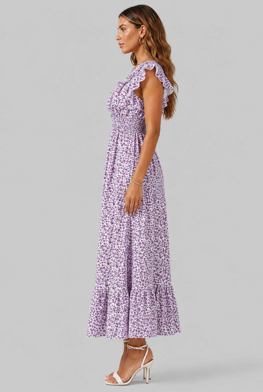 Virtual Model wearing The Maia Flutter Sleeve Maxi Floral Smocked Waist Lavender Maxi Dress