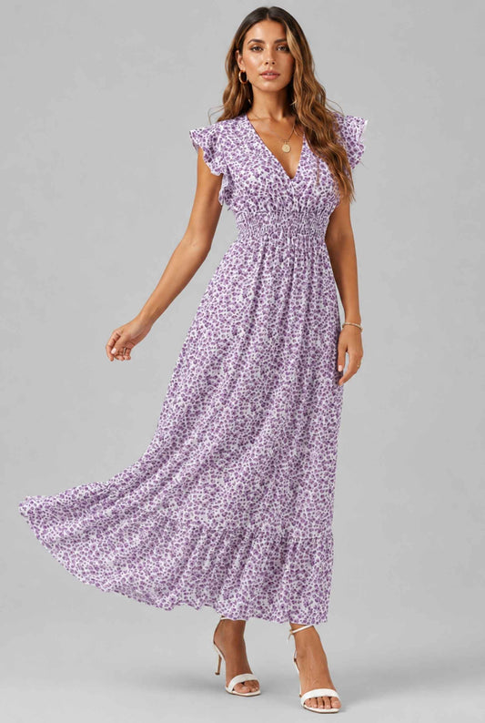 Virtual Model wearing The Maia Flutter Sleeve Maxi Floral Smocked Waist Lavender Maxi Dress
