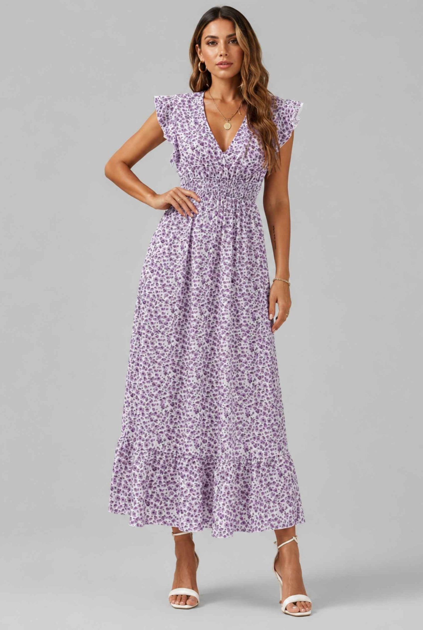 Virtual Model wearing The Maia Flutter Sleeve Maxi Floral Smocked Waist Lavender Maxi Dress