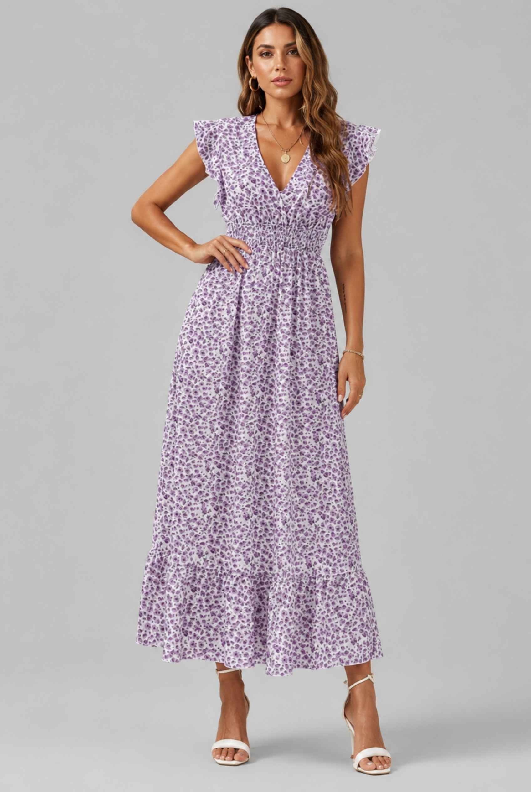 Virtual Model wearing The Maia Flutter Sleeve Maxi Floral Smocked Waist Lavender Maxi Dress