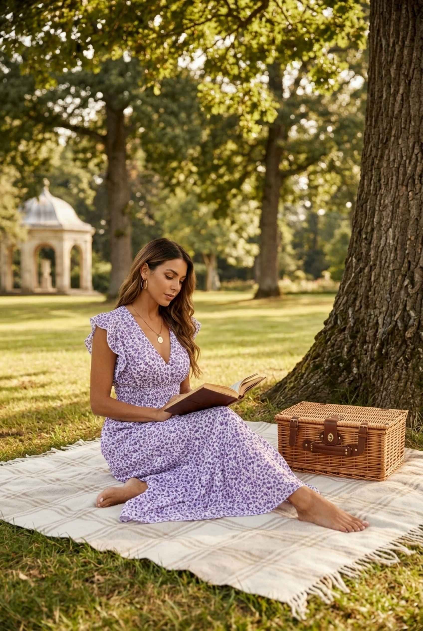 Virtual Model wearing The Maia Flutter Sleeve Maxi Floral Smocked Waist Lavender Maxi Dress