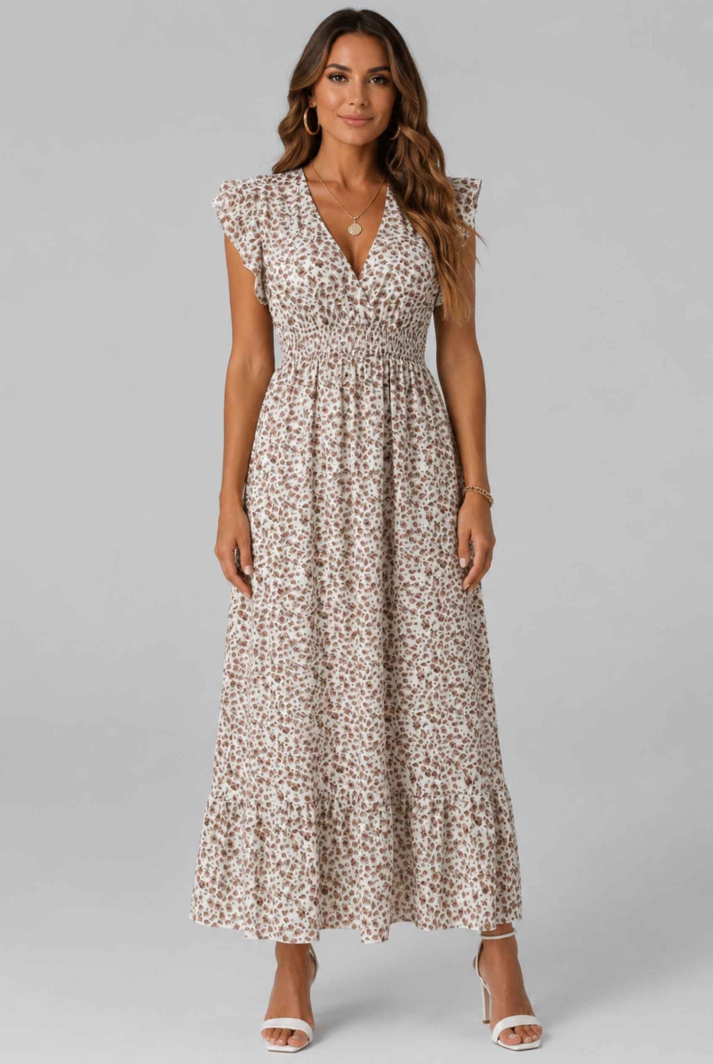 Virtual Model wearing The Maia Flutter Sleeve Maxi Floral Smocked Waist Rose Gold Maxi Dress
